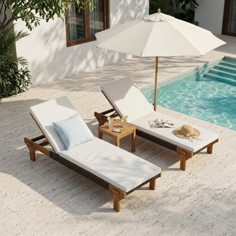 English Elm 2-Piece Outdoor Acacia Wood Chaise Lounge Set with Woven Rope and Resort Style N772P494241T-2