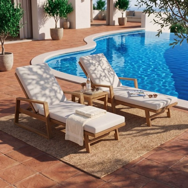 English Elm Set of 2 Outdoor Acacia Hardwood Chaise Lounges with Reclining Backrest for Patio N772P497668B-2
