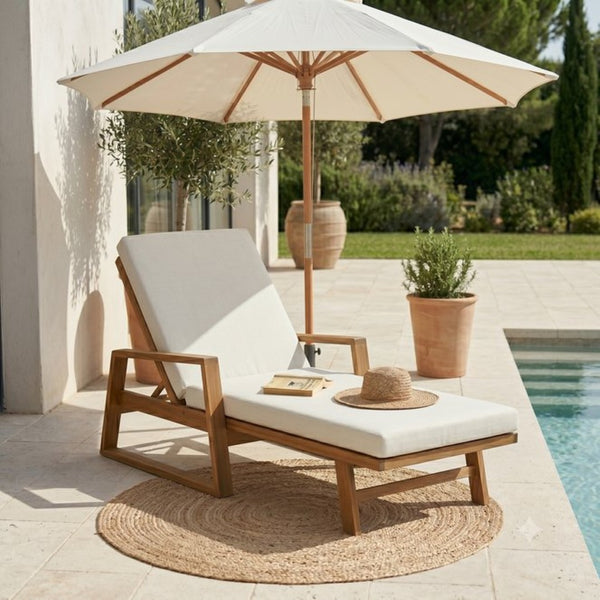 English Elm Outdoor Acacia Hardwood Chaise Lounge with Four Position Recline and Water Resistant Cushion Beige N772P497668B