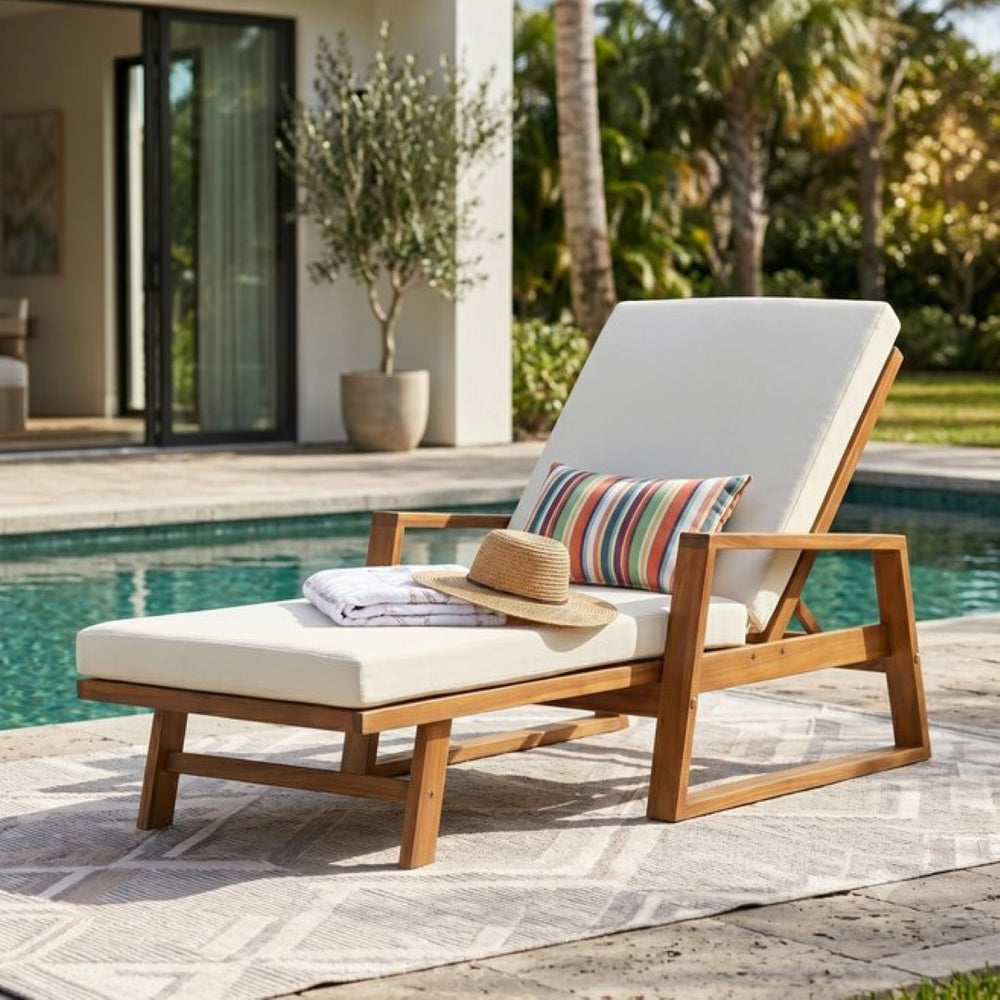 English Elm Outdoor Acacia Hardwood Chaise Lounge with Four Position Recline and Water Resistant Cushion Beige N772P497668B
