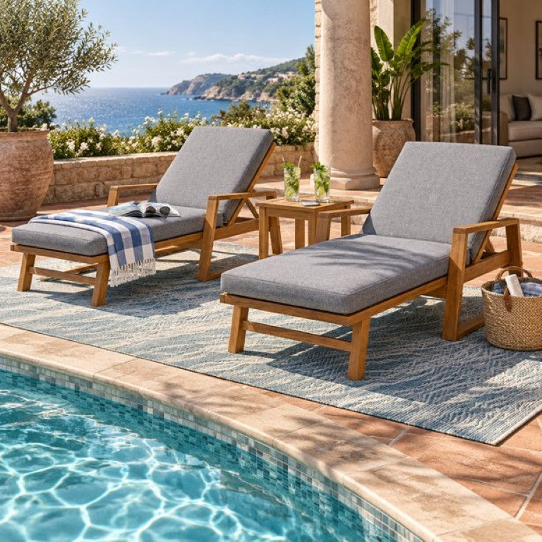 English Elm Set of 2 Outdoor Acacia Wood Chaise Lounges with Teak Finish and Gray Cushions N772P497668G-2