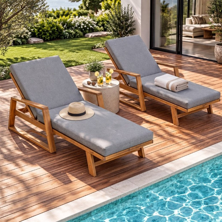 English Elm Set of 2 Outdoor Acacia Wood Chaise Lounges with Teak Finish and Gray Cushions N772P497668G-2