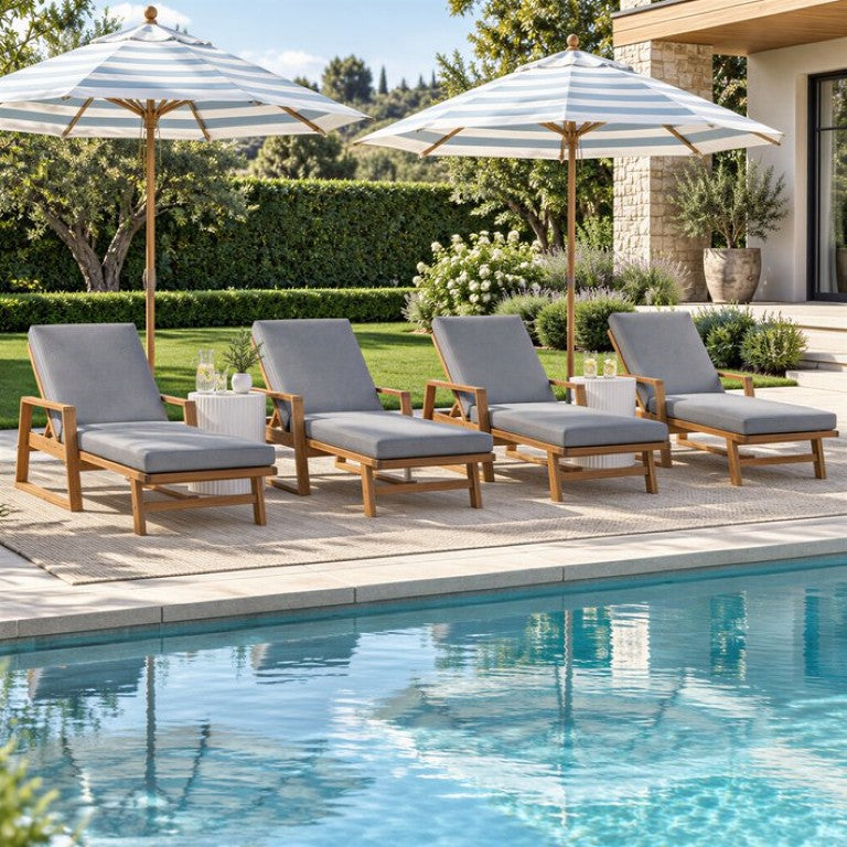 English Elm Set of 4 Outdoor Acacia Hardwood Chaise Lounges with Teak Finish and Gray Cushions N772P497668G-4
