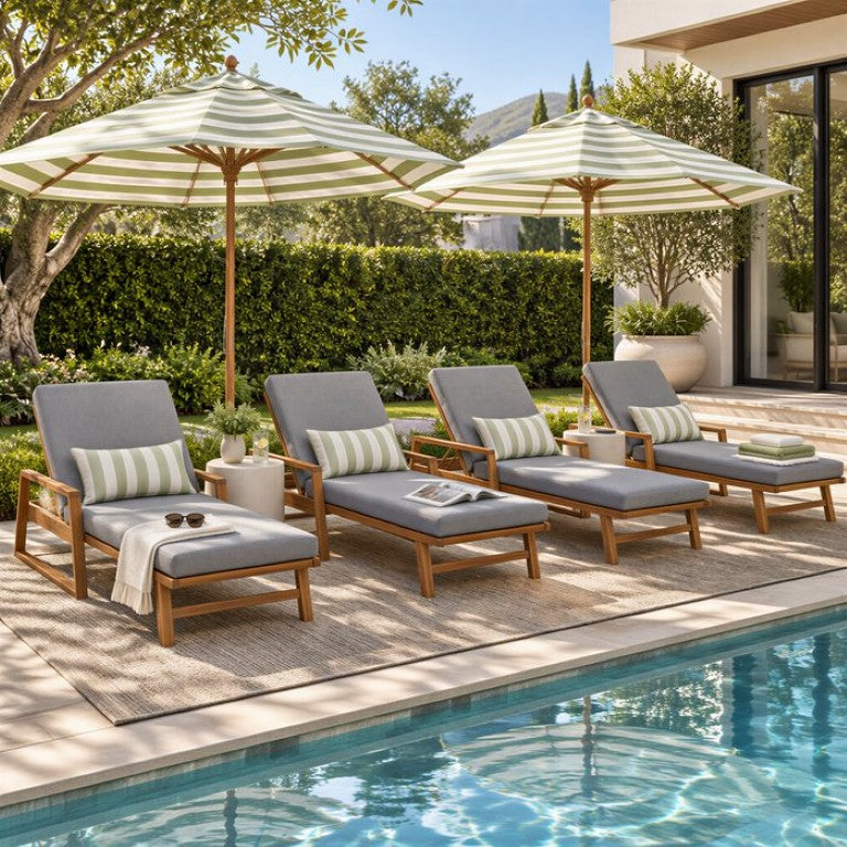 English Elm Set of 4 Outdoor Acacia Hardwood Chaise Lounges with Teak Finish and Gray Cushions N772P497668G-4