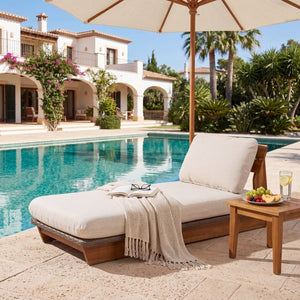 English Elm Acacia Solid Wood Outdoor Lounger with Cushioned Seat and Water Repellent Fabric N772P502274B_N772P502275B