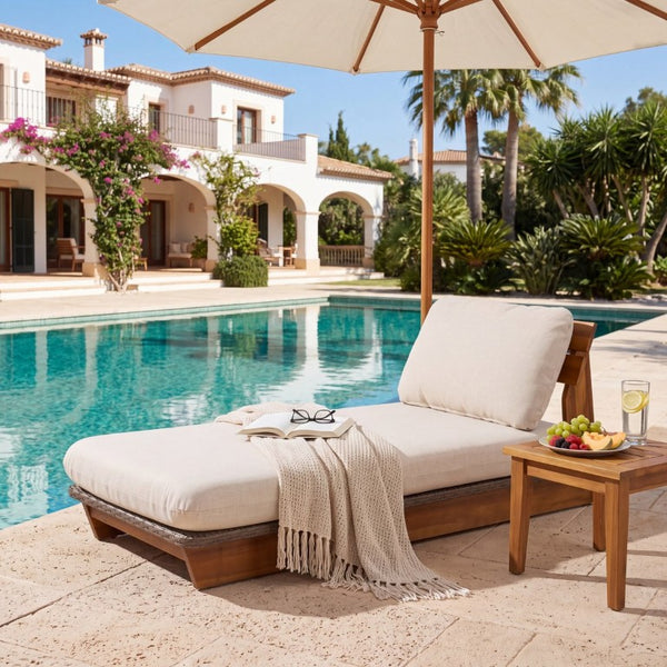 English Elm Acacia Solid Wood Outdoor Lounger with Cushioned Seat and Water Repellent Fabric N772P502274B_N772P502275B