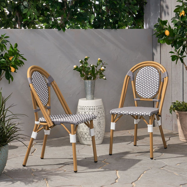 English Elm French Bistro Outdoor Chair Set of Two Woven Rattan Aluminum Patio Dining Seating N772P504776G