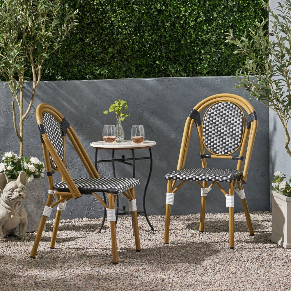 English Elm Outdoor Bistro Chair Set of 2 with PE Rattan Weave and Bamboo Print Aluminum Frame N772P504776K