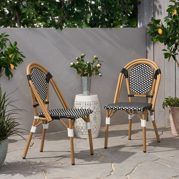 English Elm Outdoor Bistro Chair Set of 2 with PE Rattan Weave and Bamboo Print Aluminum Frame N772P504776K