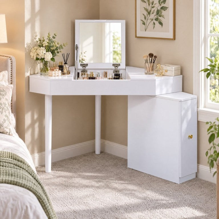 English Elm Corner Makeup Vanity with Integrated Mirror Cabinet and Rubberwood Legs for Bedroom White N772P512802W