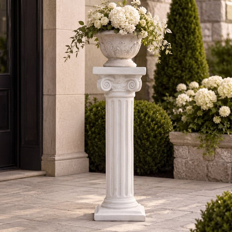 English Elm Pedestal Column Plant Stand Handcrafted Antique White MGO Indoor Outdoor Display N772P522409W