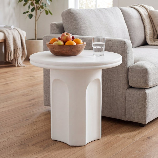 English Elm White Round Pedestal Side Table with Sculptural Base for Modern Minimalist Living Rooms N772P532897W