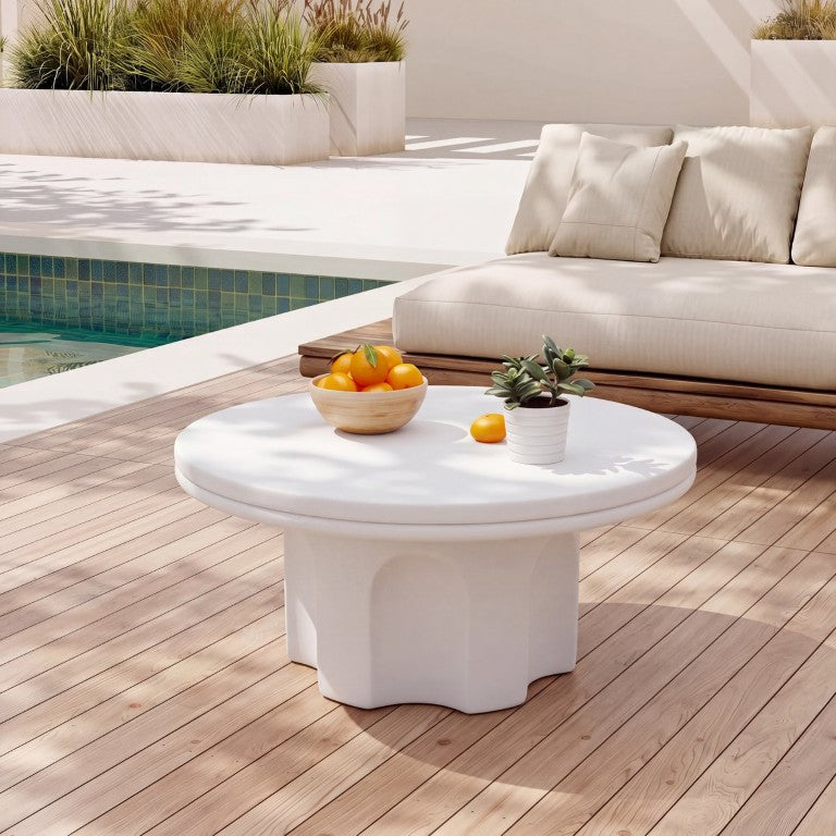 English Elm 25.59 Round MGO Coffee Table Weather Resistant White Finish for Patio or Living Room N772P532905W