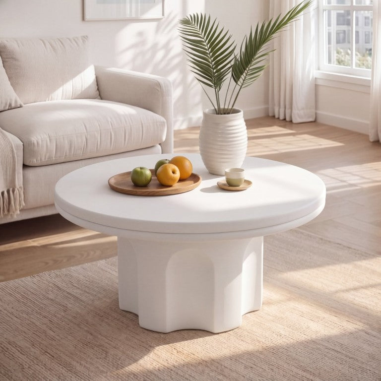 English Elm 25.59 Round MGO Coffee Table Weather Resistant White Finish for Patio or Living Room N772P532905W
