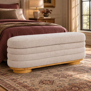 English Elm Modern Channel Tufted Storage Ottoman Bench with Lift Top and Curved Wood Legs Beige N772P537059A