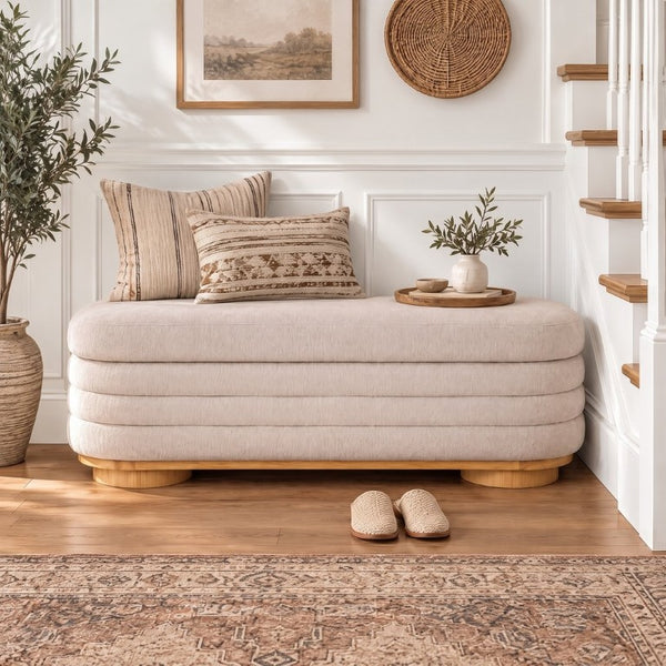 English Elm Modern Channel Tufted Storage Ottoman Bench with Lift Top and Curved Wood Legs Beige N772P537059A