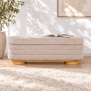 English Elm Modern Channel Tufted Storage Ottoman Bench with Lift Top and Curved Wood Legs Beige N772P537059A