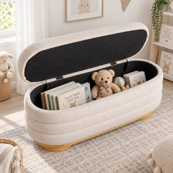 English Elm Modern Channel Tufted Storage Ottoman Bench with Lift Top and Curved Wood Legs Beige N772P537059A
