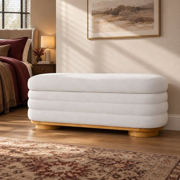 English Elm Modern Channel Tufted Storage Ottoman Bench with Lift Top and Curved Wood Legs White N772P537059W