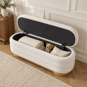 English Elm Modern Channel Tufted Storage Ottoman Bench with Lift Top and Curved Wood Legs White N772P537059W