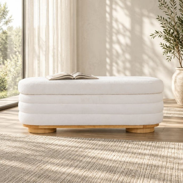 English Elm Modern Channel Tufted Storage Ottoman Bench with Lift Top and Curved Wood Legs White N772P537059W