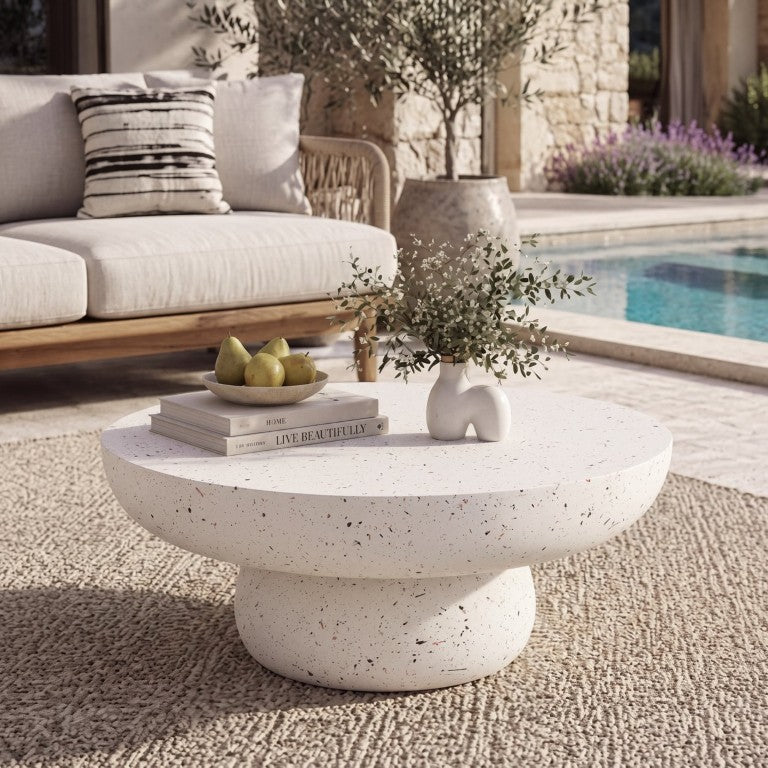 English Elm 34.45 Inch Round MGO Coffee Table Versatile Indoor Outdoor Use Child Safe Design White N772P539706T
