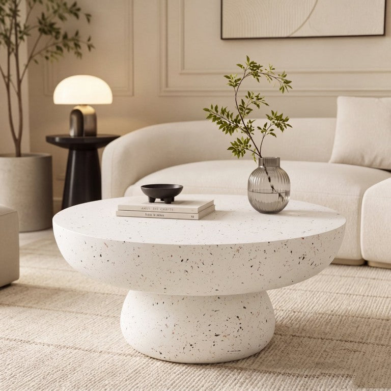 English Elm 34.45 Inch Round MGO Coffee Table Versatile Indoor Outdoor Use Child Safe Design White N772P539706T