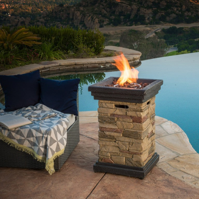 English Elm 19.50 Inch Column Fire Pit 40000 BTU Propane Concrete Stone Grey Patio Focal Point N772P565018S
