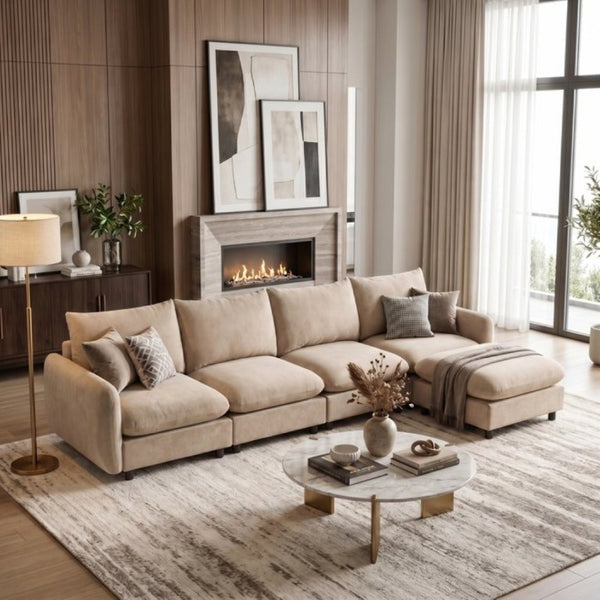 English Elm 130 Inch Velvet Modular Sectional Five Piece L Shape Sofa Set with Flexible Ottoman N773IS00006NN