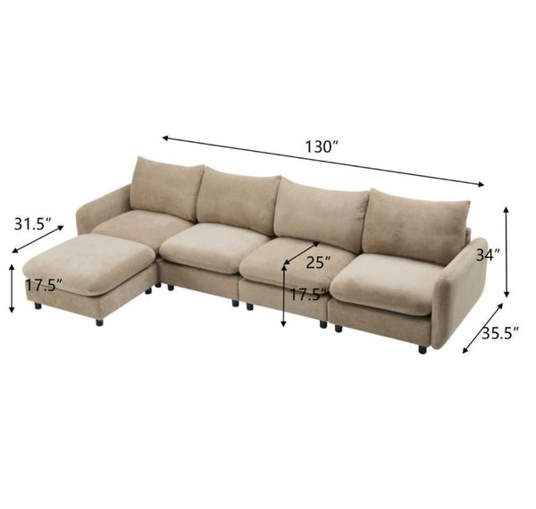 English Elm 130 Inch Velvet Modular Sectional Five Piece L Shape Sofa Set with Flexible Ottoman N773IS00006NN