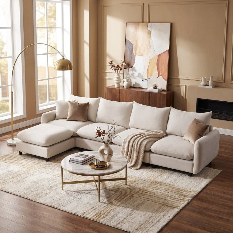 English Elm 130 in Modular Five Piece L Shaped Sectional with Ottoman for Open Living Spaces N773IS00006WW