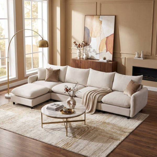 English Elm 130 in Modular Five Piece L Shaped Sectional with Ottoman for Open Living Spaces N773IS00006WW