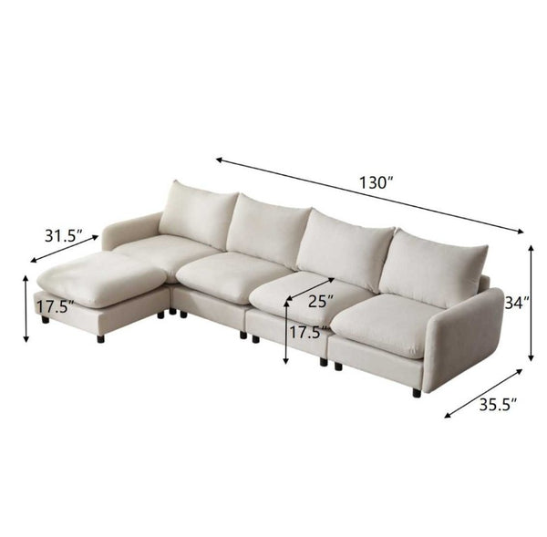 English Elm 130 in Modular Five Piece L Shaped Sectional with Ottoman for Open Living Spaces N773IS00006WW
