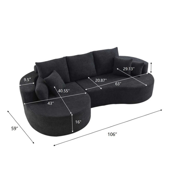 English Elm 106 in Chenille Cloud Sectional Sofa with Chaise Foam Fill and 7 Accent Pillows Black N773IS00013BB
