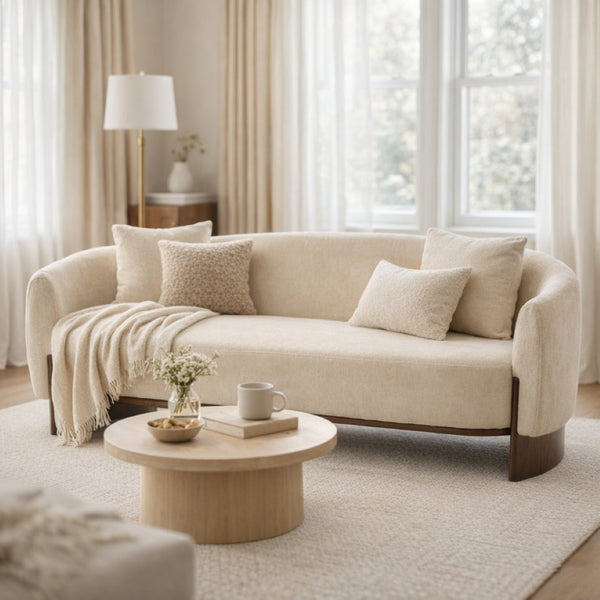 English Elm 81 in Curved Boucle Upholstered Sofa with Walnut Wood Base for Modern Living Rooms Beige N773IS00100B