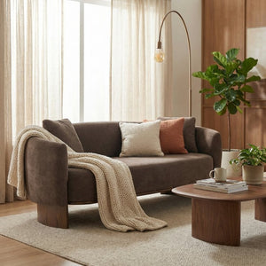 English Elm 81 in Curved Boucle Upholstered Sofa with Walnut Wood Base for Modern Living Rooms Dark Brown N773IS00100D