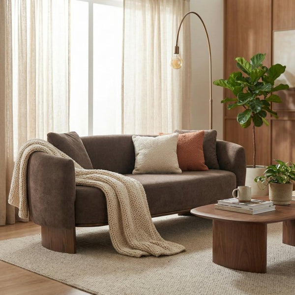 English Elm 81 in Curved Boucle Upholstered Sofa with Walnut Wood Base for Modern Living Rooms Dark Brown N773IS00100D