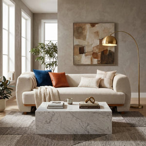 English Elm Flow Curved Chenille Sofa with Wood Base Accents for a Refined Modern Living Room Beige N773IS00123B