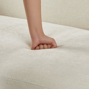 English Elm Flow Curved Chenille Sofa with Wood Base Accents for a Refined Modern Living Room Beige N773IS00123B
