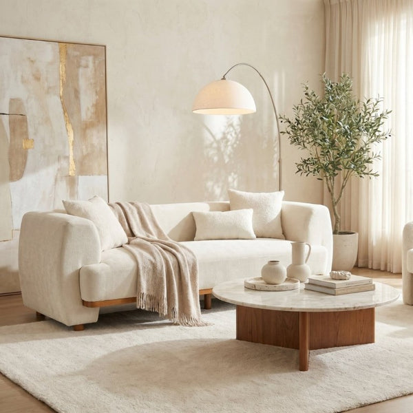 English Elm Flow Curved Chenille Sofa with Wood Base Accents for a Refined Modern Living Room Beige N773IS00123B