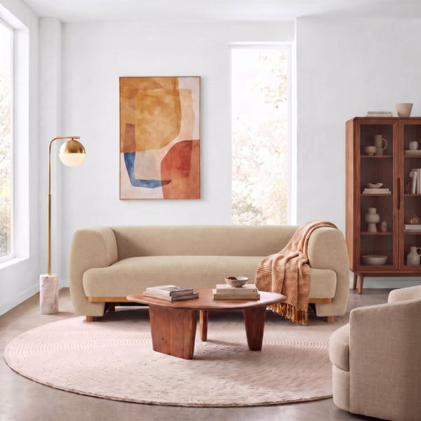 English Elm Flow Curved Chenille Sofa with Wood Base Accents for a Refined Modern Living Room Nomad N773IS00123N