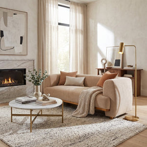 English Elm Flow Curved Chenille Sofa with Wood Base Accents for a Refined Modern Living Room Nomad N773IS00123N