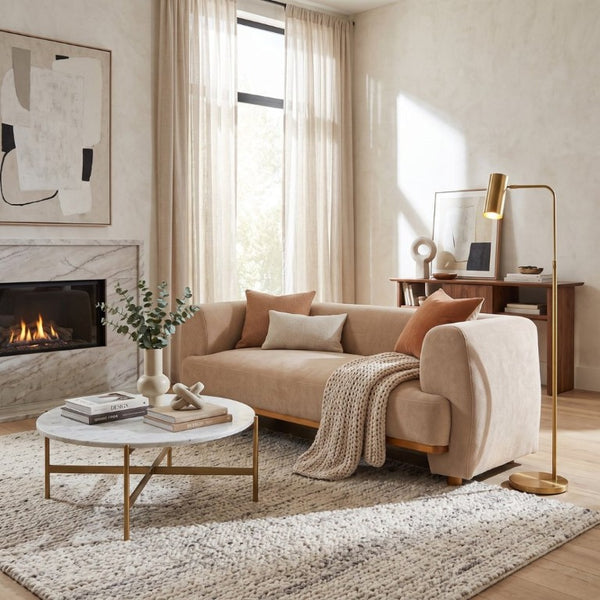 English Elm Flow Curved Chenille Sofa with Wood Base Accents for a Refined Modern Living Room Nomad N773IS00123N