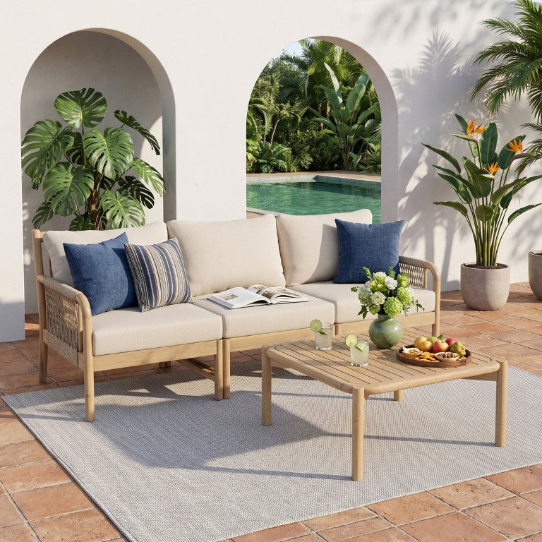 English Elm Casper Outdoor Acacia Wood and Woven Rope 3 Seat Sectional Set with Slat Coffee Table N773OC00101L