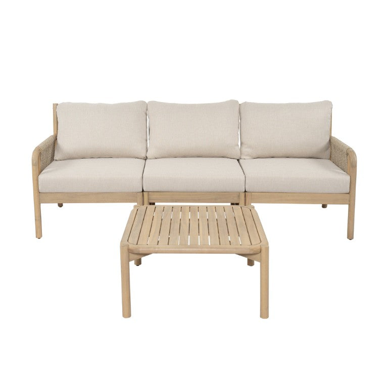 English Elm Casper Outdoor Acacia Wood and Woven Rope 3 Seat Sectional Set with Slat Coffee Table N773OC00101L