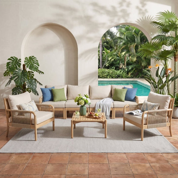 English Elm Casper Outdoor Acacia Wood Woven Rope 6 Seat Modular Sofa Set with Slatted Table 6-Seater Sofa and Coffee Table Set N773OC00102L
