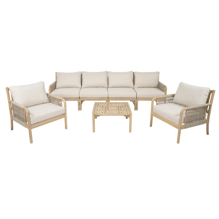 English Elm Casper Outdoor Acacia Wood Woven Rope 6 Seat Modular Sofa Set with Slatted Table 6-Seater Sofa and Coffee Table Set N773OC00102L
