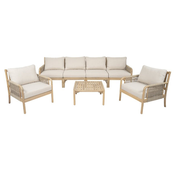 English Elm Casper Outdoor Acacia Wood Woven Rope 6 Seat Modular Sofa Set with Slatted Table 6-Seater Sofa and Coffee Table Set N773OC00102L