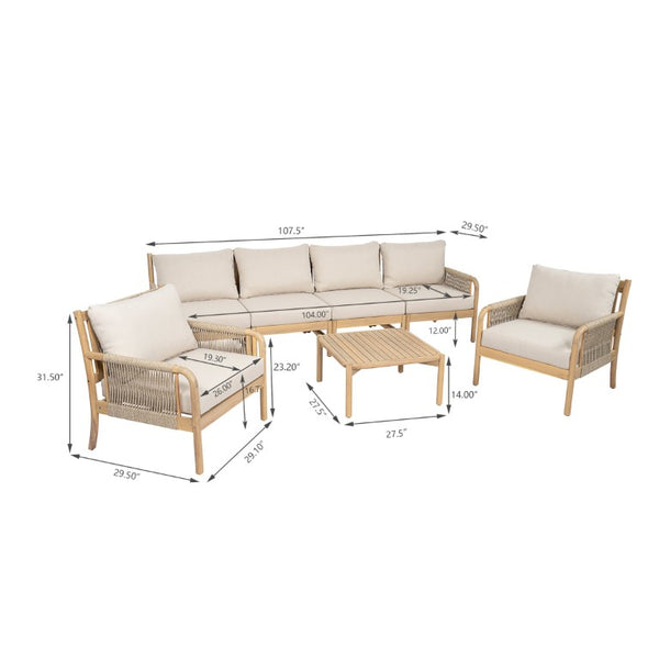 English Elm Casper Outdoor Acacia Wood Woven Rope 6 Seat Modular Sofa Set with Slatted Table 6-Seater Sofa and Coffee Table Set N773OC00102L