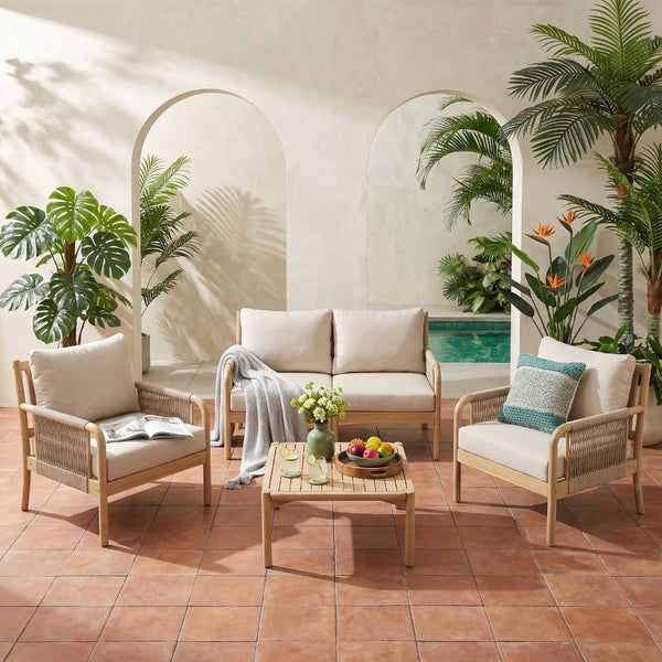 English Elm Casper Outdoor Acacia Wood Woven Rope 6 Seat Modular Sofa Set with Slatted Table 5-Pieces Chat Set N773OC00103L